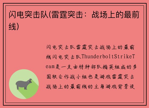 闪电突击队(雷霆突击：战场上的最前线)